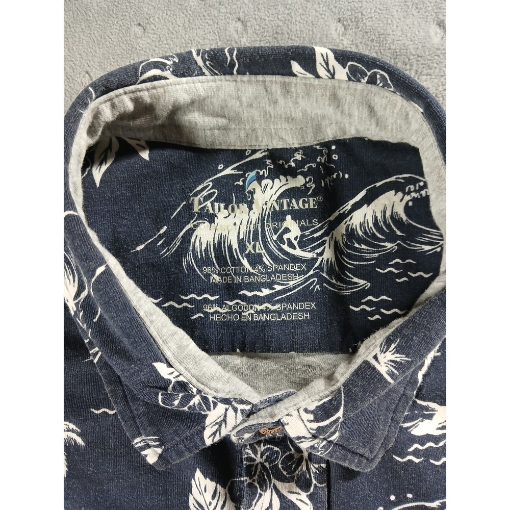 Tailor Vintage Mens XL Hawaiian Shirt Navy Blue Wave Palm Tree Volcano Print S/S - Picture 6 of 6